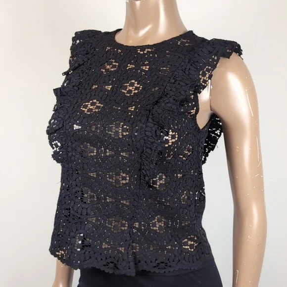 💙Zara Black Lace Pinafore Ruffle Blouse Top Sheer Crochet Flounce Trim Black - Picture 4 of 10